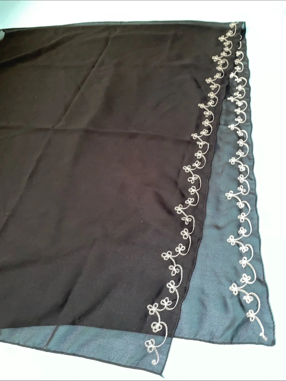 Wrap Scarf embroidered semi-sheer black white elegant chiffon NEW size 26” X 60”